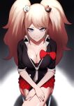  1girl bad_perspective bangs bear_hair_ornament black_shirt blonde_hair blue_eyes bow breasts cleavage closed_mouth collarbone danganronpa:_trigger_happy_havoc danganronpa_(series) enoshima_junko fingernails hair_ornament highres large_breasts long_hair looking_at_viewer memero_7272 nail_polish necktie plaid plaid_skirt pleated_skirt red_bow red_nails school_uniform shirt sitting skirt sleeves_rolled_up smile solo twintails underwear white_neckwear 