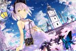  aliasing building butterfly clouds dress flowers gray_hair hat headdress original ribbons see_through short_hair sketch sky summer_dress tatsukisan yellow_eyes 