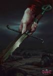  1other absurdres armor blood blood_splatter cloud cloudy_sky commentary corpse death english_commentary fingernails gwent_(game) head_out_of_frame helmet highres holding holding_sword holding_weapon logo manuel_castanon official_art people sharp_fingernails sky solo_focus sword the_witcher weapon 
