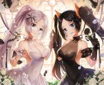  2girls aliasing applecaramel_(acaramel) black_hair blue_eyes bow breasts cleavage cropped dress elbow_gloves flowers glasses gloves gray_hair long_hair petals ponytail ribbons rose see_through twintails 
