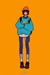  1girl absurdres aqua_sweater backpack bag beanie black_bag black_footwear blue_pants denim full_body hat headphones headphones_around_neck highres jeans orange_background original pants print_sweater red_headwear shirt shoes simple_background solo standing sweater white_shirt yoshi_mi_yoshi 