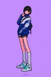  1girl absurdres backpack bag black_bag black_hair black_shorts blue_jacket flat_color full_body highres jacket long_sleeves original print_jacket purple_background purple_eyes shoes short_hair shorts signature simple_background sleeves_past_wrists socks solo standing white_footwear white_legwear yoshi_mi_yoshi 