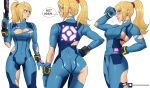  1girl ass blonde_hair bodysuit breasts cleavage echo_saber english_text gun handgun highres light_blush looking_at_viewer looking_back metroid multiple_views samus_aran sideboob speech_bubble thigh_gap torn_bodysuit torn_clothes weapon wiping_forehead zero_suit 