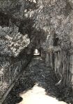  alley commentary_request day fence highres ibsukionsen monochrome original outdoors plant road road_sign scenery sign traditional_media tree wooden_fence 