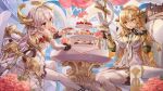  2girls alchemy_stars blonde_hair dress drink flowers food gray_hair lujang_(fudge) red_eyes sky tagme_(character) wings yellow_eyes 