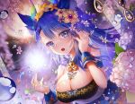  animal_ears applecaramel_(acaramel) aqua_eyes blue_hair blush breasts cleavage close cropped flowers horns rainbow water wristwear 