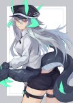  1girl black_headwear black_shorts blue_horns claws commentary_request dragon_girl dragon_horns extra_arms grey_background hat highres horns leg_strap long_hair original peaked_cap sasa_onigiri shorts silver_hair solo tail two-tone_background white_background yellow_eyes 