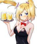  1girl aki_rosenthal alcohol bangs beer beer_mug blonde_hair blue_eyes blush bow bowtie breasts cleavage cup detached_collar detached_hair embarrassed frown haruka_kuromiya holding hololive looking_at_viewer mug name_tag parted_bangs playboy_bunny solo transparent_background upper_body virtual_youtuber 