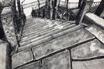  commentary_request crosshatching greyscale hatching_(texture) highres ibsukionsen monochrome no_humans original outdoors railing road scenery stairs stone_walkway traditional_media traffic_mirror tree 