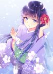  1girl black_hair closed_mouth commentary_request floral_print flower hair_flower hair_ornament hands_up japanese_clothes kimono light_blush long_hair long_sleeves looking_at_viewer nagidango original purple_eyes purple_kimono red_flower smile solo wide_sleeves 