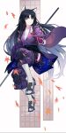  1girl animal_ears arknights autumn_leaves bangs beads black_hair brown_eyes chinese_commentary cigarette_p commentary_request dog_ears geta hand_up highres japanese_clothes kimono knee_pads leaf long_hair looking_at_viewer pants parted_lips prayer_beads purple_kimono purple_pants saga_(arknights) socks solo tabi very_long_hair white_background white_legwear 