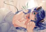  amesaki_vanilla aqua_eyes arknights bed blue_hair blush breasts halo horns long_hair mostima_(arknights) nude tail wings 