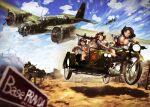  6+girls action aircraft airplane angry aoshidan_school_uniform bangs belt black_bandana black_belt black_eyes black_footwear black_gloves black_hair black_pants blonde_hair blue_shirt blue_sky blurry blurry_background bob_cut boots breasts brown_eyes brown_hair chasing clara_(girls_und_panzer) clothes_pull cloud cloudy_sky commentary curly_hair dark_skin day depth_of_field dog driving el_(girls_und_panzer) elbow_pads emblem english_text extra fang frown girls_und_panzer gloves green_eyes green_skirt ground_vehicle gun highres holding holding_gun holding_weapon katyusha_(girls_und_panzer) large_breasts long_hair looking_at_another looking_back mask mask_on_head medium_breasts medium_hair military military_vehicle miniskirt motion_blur motor_vehicle motorcycle multiple_girls nonna_(girls_und_panzer) open_mouth outdoors panties pants partially_unbuttoned power_lines pravda_(emblem) pulled_by_another r-ex road_sign school_uniform shirt short_hair short_sleeves sidecar sign sitting skin_fang skirt skirt_pull sky smile spanish_flag string_panties sweatdrop t-34 tank tristana_(girls_und_panzer) underwear untucked_shirt v-shaped_eyebrows vehicle_request viridiana_(girls_und_panzer) weapon windmill 