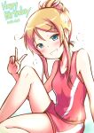  1girl blue_eyes dated grin happy_birthday herunin highres kousaka_kirino long_hair looking_at_viewer orange_hair ore_no_imouto_ga_konna_ni_kawaii_wake_ga_nai ponytail red_shorts red_tank_top shorts simple_background sitting smile solo tank_top track_uniform v white_background 