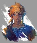  1boy blonde_hair blue_eyes blue_shirt chest_belt closed_mouth commentary dated english_commentary link looking_at_viewer male_focus pigeon666 pointy_ears shirt sidelocks signature solo the_legend_of_zelda the_legend_of_zelda:_breath_of_the_wild upper_body 