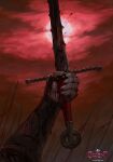  1other absurdres army blood blood_splatter bloody_weapon bracer commentary english_commentary fingernails gwent_(game) hand_up head_out_of_frame highres holding holding_sword holding_weapon logo manuel_castanon official_art pike red_sky sharp_fingernails sky solo sword the_witcher weapon 