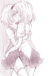  2girls alice_margatroid bangs blush closed_eyes collared_shirt dress eyebrows_visible_through_hair hair_between_eyes hairband kirisame_marisa kiss long_hair monochrome multiple_girls nanase_nao pleated_dress shirt short_sleeves thighhighs touhou vest yuri 