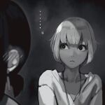  ... 2girls blurry blush dark-skinned_female dark_skin depth_of_field douki-chan_(yomu_(sgt_epper)) ear_blush empty_eyes ganbare_douki-chan greyscale highres id_card intern_(yomu_(sgt_epper)) jun_(seojh1029) looking_at_another monochrome multiple_girls parted_lips shaded_face shirt short_hair spoken_ellipsis 