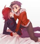  2boys ahoge annoyed bed_sheet black_eyes black_hair blush closed_mouth couple embarrassed ethan_(pokemon) high_collar highres holding_hands jacket lying male_focus misao119 multiple_boys open_mouth pants parted_lips pokemon pokemon_(game) pokemon_hgss red_eyes red_hair short_hair sidelocks silver_(pokemon) sitting sitting_on_person sketch smile sweatdrop teeth yaoi 