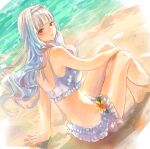  1girl bare_shoulders barefoot beach bikini blush breasts commentary_request idolmaster idolmaster_(classic) kuroda_kuroko large_breasts long_hair looking_at_viewer looking_back ocean purple_eyes shijou_takane silver_hair sitting solo sparkle swimsuit thighs wavy_hair white_bikini 