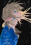  1boy bangs blonde_hair blue_eyes blue_tunic blush character_name commentary copyright_name earrings english_commentary english_text eyelashes floating_hair from_side highres jewelry kaninn link long_hair looking_up male_focus pointy_ears solo the_legend_of_zelda the_legend_of_zelda:_breath_of_the_wild upper_body 