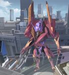  blue_sky building city cityscape cloud commentary_request eva_01 eva_01_type_f highres highway holding holding_weapon horns mecha neon_genesis_evangelion neon_genesis_evangelion_anima no_humans redesign science_fiction sharp_teeth shope single_horn sky skyscraper solo standing teeth weapon yellow_eyes 