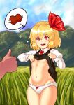  1girl 1other absurdres blonde_hair blue_sky boned_meat bow bow_panties clothes_lift dress dress_lift flat_chest food grass groin hair_ribbon highres meat mirukuro092 navel orange_eyes panties red_ribbon ribbon rumia sharp_teeth sky solo_focus stomach teeth thumbs_up touhou tree underwear white_panties 