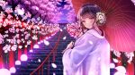  amagi_shino blush brown_eyes cherry_blossoms flowers japanese_clothes kimono original purple_hair stairs tree wedding_attire 