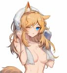  1girl animal_ear_fluff animal_ears arknights blonde_hair blue_eyes breasts commentary drying drying_hair highres horse_ears horse_girl horse_tail long_hair looking_at_viewer medium_breasts nude one_eye_closed open_mouth scar scar_on_arm simple_background solo spacelongcat tail towel towel_on_head upper_body whislash_(arknights) white_background 