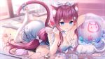  animal ball bell blue_eyes book breasts cat catgirl cleavage dress food garter long_hair original popsicle purple_hair sannio thighhighs twintails waifu2x watermark 