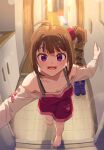  1girl :d ahoge bangs barefoot blurry blurry_background boots brown_hair commentary depth_of_field downblouse dress drill_hair eyebrows_visible_through_hair from_above hair_ornament hair_scrunchie heart idolmaster idolmaster_million_live! indoors kamille_(vcx68) leaning_forward long_sleeves looking_at_viewer medium_dress medium_hair off-shoulder_dress off_shoulder open_mouth opening_door pov purple_eyes purple_footwear red_dress red_scrunchie scrunchie side_drill side_ponytail smile solo sparkle standing tile_floor tiles yokoyama_nao 
