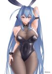 1girl absurdres animal_ears arm_behind_head arm_strap arm_up armpits azur_lane bare_shoulders black_leotard blue_eyes blue_hair blush bodysuit breasts bunny_ears cleavage commentary covered_navel cowboy_shot detached_collar english_commentary groin hair_between_eyes hand_on_hip headgear highres hip_focus large_breasts leotard long_hair looking_at_viewer new_jersey_(azur_lane) new_jersey_(exhilarating_steps!)_(azur_lane) official_alternate_costume pantyhose playboy_bunny signature skin_tight sleeveless smile solo thighs very_long_hair whitter wrist_cuffs 
