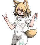  1girl animal_ear_fluff animal_ears blonde_hair breasts commentary_request corked_bottle covered_navel cowboy_shot finger_touching formicid fox_ears fox_girl fox_shadow_puppet fox_tail green_ribbon hands_up holding holding_test_tube jaggy_line jumpsuit korean_commentary kudamaki_tsukasa looking_at_viewer onesie open_mouth ribbon romper sharp_teeth short_hair short_sleeves simple_background small_breasts solo tail teeth test_tube touhou white_background white_jumpsuit yellow_eyes 