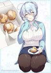  1girl bangs blue_hair blue_jacket blue_skirt blush border breasts closed_eyes closed_mouth commentary_request cream_puff eating eyebrows_visible_through_hair food foodgasm full_body hair_between_eyes hand_on_own_face highres jacket kneeling large_breasts long_hair long_sleeves original pantyhose pastry_box skirt smile solo sweater tied_hair turtleneck twitter_username white_sweater zeroshiki_kouichi 