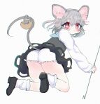  1girl :/ animal_ear_fluff animal_ears ass black_dress bloomers blue_capelet blush capelet dowsing_rod dress from_behind full_body grey_hair highres holding_rod kneeling mouse mouse_ears mouse_tail nazrin pink_eyes renakobonb simple_background solo tail thighs touhou underwear upskirt white_background 