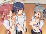  3girls ? ahoge bangs black_ribbon black_shorts blurry blurry_background bra_strap clenched_hands commentary depth_of_field dolphin_shorts drawstring drill_hair grey_hair hair_ribbon hand_on_own_face idolmaster idolmaster_cinderella_girls idolmaster_shiny_colors indoors kamille_(vcx68) kanzaki_ranko komiya_kaho long_hair looking_at_another medium_hair morino_rinze multiple_girls pink_ribbon purple_eyes red_eyes red_hair ribbon shirt short_hair short_shorts short_sleeves shorts spoken_question_mark standing t-shirt twin_drills twintails v_arms white_shirt 