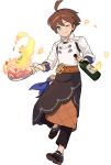 1boy ahoge alcohol apron arc_(world_flipper) artist_request bangs belt black_apron black_footwear black_pants blue_ribbon blush bottle brown_hair chef closed_mouth cloth collarbone collared_shirt cooking eyebrows_visible_through_hair fire flambe food frying_pan full_body happy highres holding holding_bottle holding_frying_pan leg_up light_blush looking_at_viewer male_focus non-web_source official_art one_eye_closed pants ribbon shiny shiny_hair shirt shoes short_hair sidelocks smile solo standing standing_on_one_leg transparent_background undershirt waist_apron white_shirt wine wine_bottle world_flipper 
