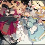  2girls akatsuki_uni animal_bag animal_ears bad_hand bangs black_footwear black_gloves blonde_hair blue_bow blue_coat blush boots bow bunny_ears coat commentary_request dress full_body full_moon gloves grey_hair hair_bow hair_ornament holding_hands karei long_hair mochizuki_himari moon moon_rabbit multiple_girls open_clothes open_coat open_mouth outdoors oversized_zipper parted_bangs partially_fingerless_gloves red_dress sleeveless sleeveless_dress uni_create upper_teeth virtual_youtuber white_dress yellow_eyes zipper zipper_pull_tab 