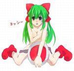  1girl boots bow breasts clavage cleavage green_eyes green_hair mario_(series) nintendo personification saddle simple_background solo super_mario_bros. translation_request untranslated yoshi 