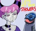  cum cum_on_face cyborg cyborg_(teen_titans) dc dcau dialog female grey_skin hair jinx male penis pink_eyes plain_background purple_hair retal4 teen_titans text unimpressed z-tv 