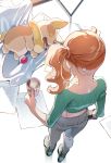  1girl coffee coffee_mug crop_top cup from_above gen_8_pokemon long_hair messy_room mug nail_polish orange_hair pants paper pokemon pokemon_(game) pokemon_swsh side_ponytail sleeping sonia_(pokemon) tongue tongue_out yamper zattape 