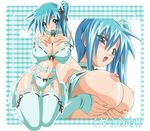  artist_request blue_hair bra breast_lift breast_suppress breasts condom condom_in_mouth covered_nipples curvy divergence_eve garter_belt huge_breasts kureha_misaki lingerie mouth_hold panties ribbon thighhighs underwear underwear_only wallpaper wide_hips 