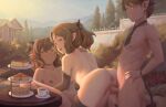  2girls anus ass bigrbear brown_hair building cake drink fang food horns navel nude original penis pointed_ears ponytail pussy red_eyes sex tail tie tree uncensored 