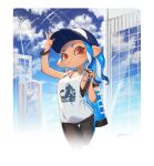  1girl black_legwear blue_hair blue_headwear blue_sky border bracelet breasts building candy city cityscape cloud cloudy_sky food hand_on_headwear hat highres ink_tank_(splatoon) inkling jewelry lollipop looking_at_viewer looking_down medium_breasts medium_hair orange_eyes outdoors pantyhose pointy_ears shirt sky skyscraper solo splatoon_(series) standing sweat sweatdrop tank_top upper_body v white_border white_shirt yu-ri 