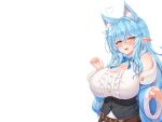  animal_ears aqua_hair blush bow breasts cleavage corset hololive jefflink long_hair pointed_ears white yellow_eyes yukihana_lamy 