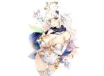  blue_eyes breast_hold breasts cleavage genshin_impact halo kinoko_hime long_hair no_bra paimon_(genshin_impact) thighhighs white white_hair 