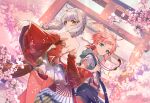  braids cherry_blossoms fan flowers gray_hair hayama_eishi hoodie mahjong_soul male pink_hair ponytail shorts torii 