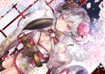  akatsuki_hijiri cherry_blossoms flowers gray_hair long_hair original purple_eyes signed wings 