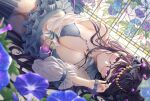  bikini breasts fate/grand_order fate_(series) flowers glasses long_hair murasaki_shikibu purple_eyes purple_hair swimsuit thighhighs tobi_(pixiv41237754) zettai_ryouiki 