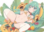  animal_ears apple aqua_eyes aqua_hair bikini blade_(galaxist) blush boots catgirl chamcham collar flat_chest food fruit gloves long_hair samurai_spirits spread_legs swimsuit tail thighhighs waifu2x 